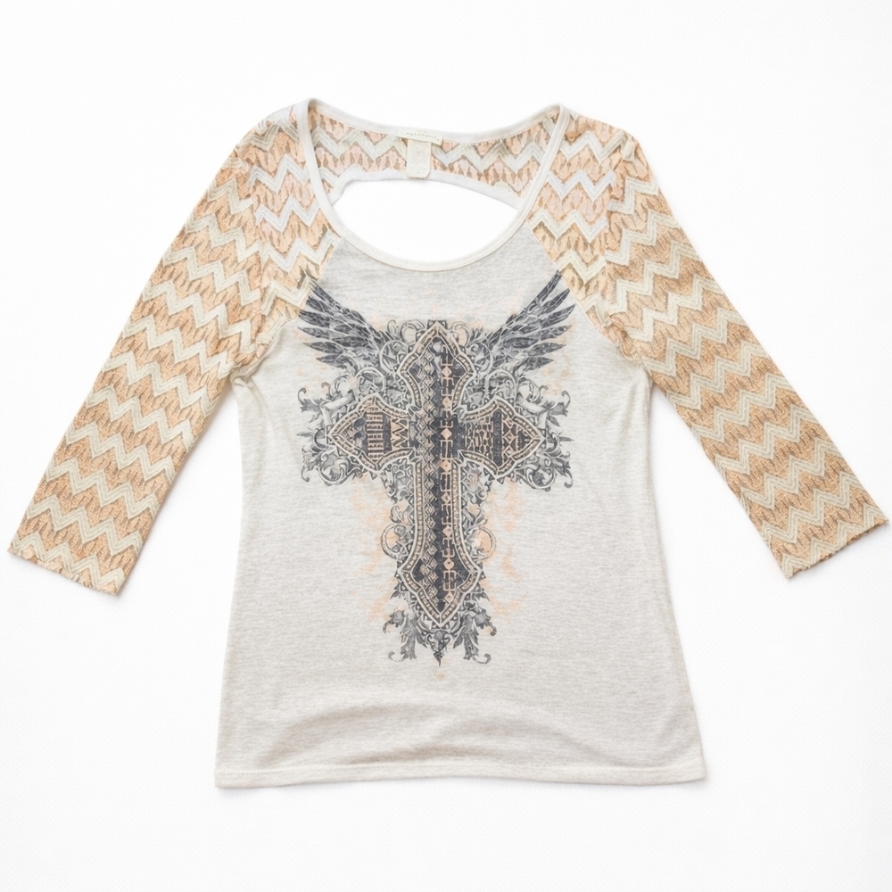 Angels & Diamonds Cross Rhinestone Lace Sleeve Top XL Boho Western Glam